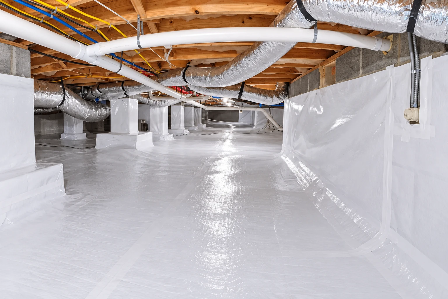 Sealed crawl space with white vapor barrier along the floor and walls, beneath exposed joists and silver HVAC ducts.