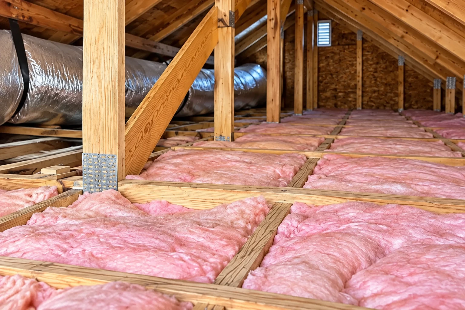 Pink fiberglass batts lie between the floor joists in an attic, with exposed wooden trusses and a large silver duct.