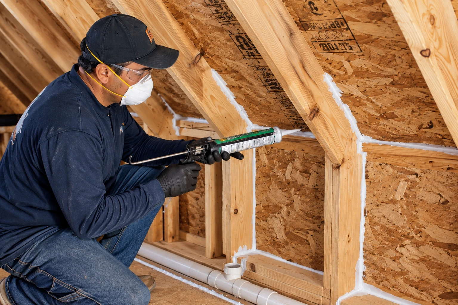 A worker wearing protective gear applies sealant with a caulking gun along exposed attic framing and joints.