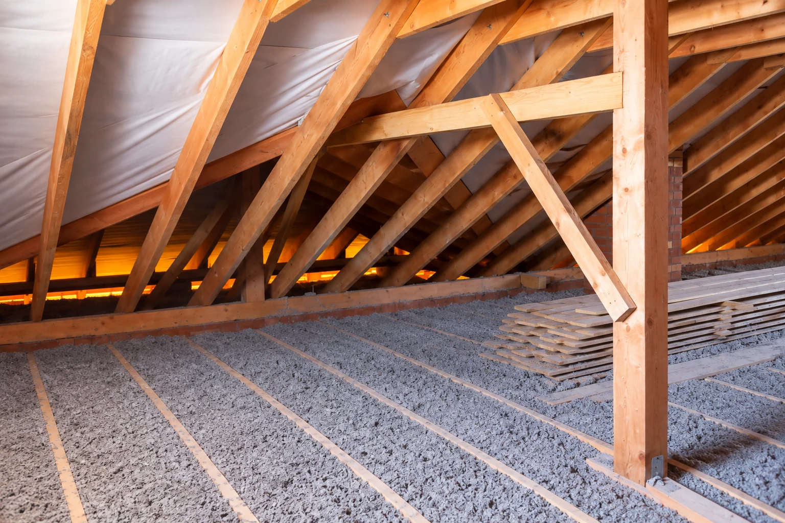 Attic with loose-fill insulation across the floor beneath exposed wooden roof trusses.