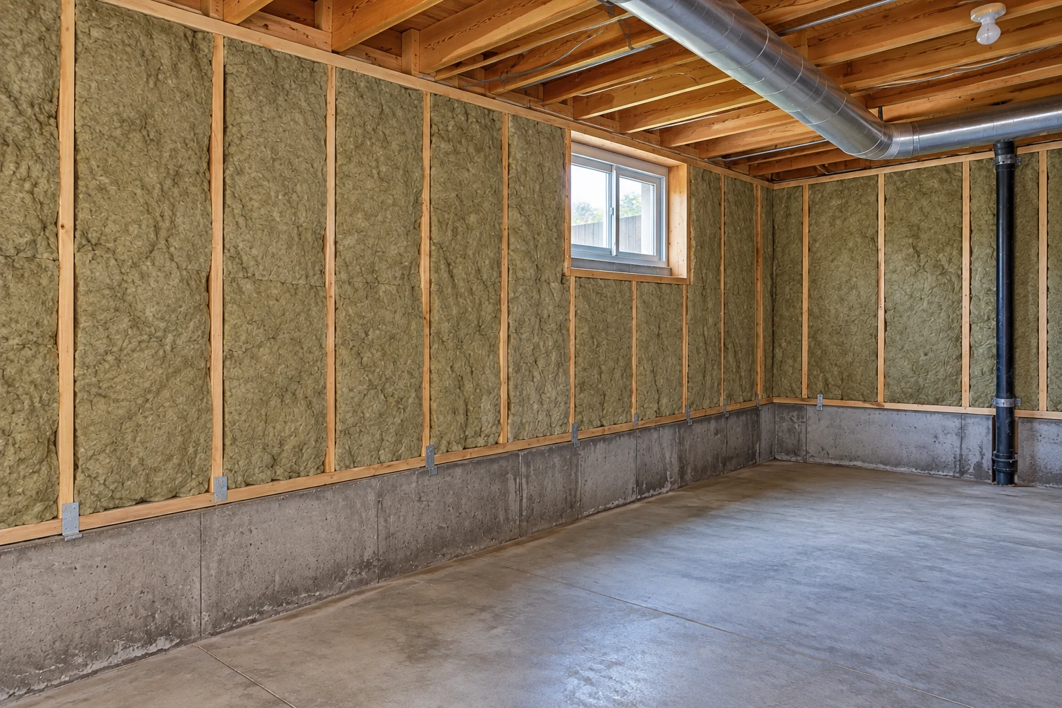 Basement walls insulated between wooden studs above a concrete foundation, with an exposed concrete floor and ceiling duct.