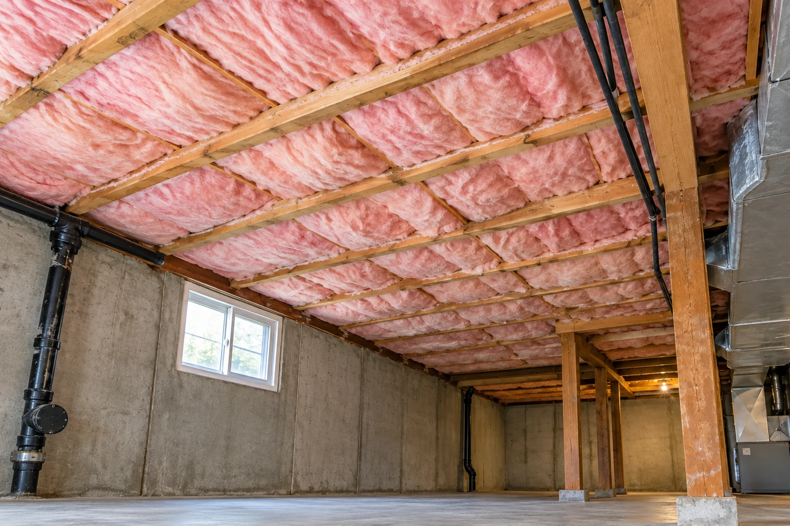 Basement ceiling with pink batt insulation between exposed joists above concrete walls and floor.