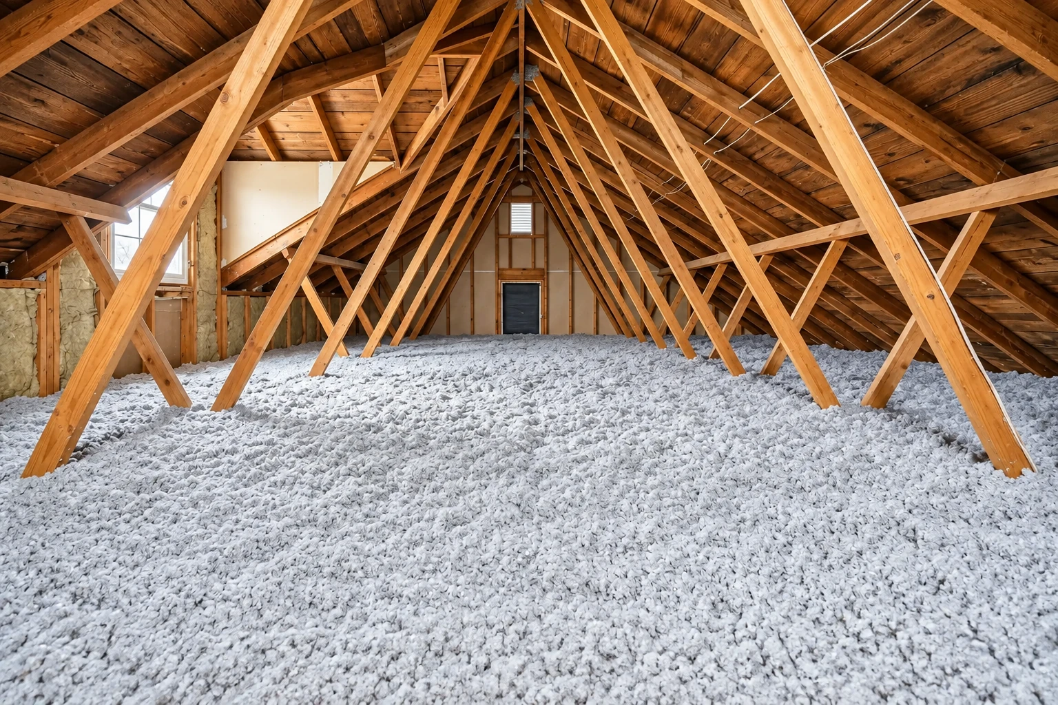 Loose white blown-in insulation blankets an attic floor beneath exposed wooden roof trusses.