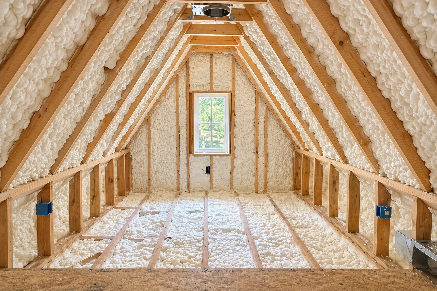 Attic framing densely coated with white spray foam across the rafters, end wall, and floor around a small window.
