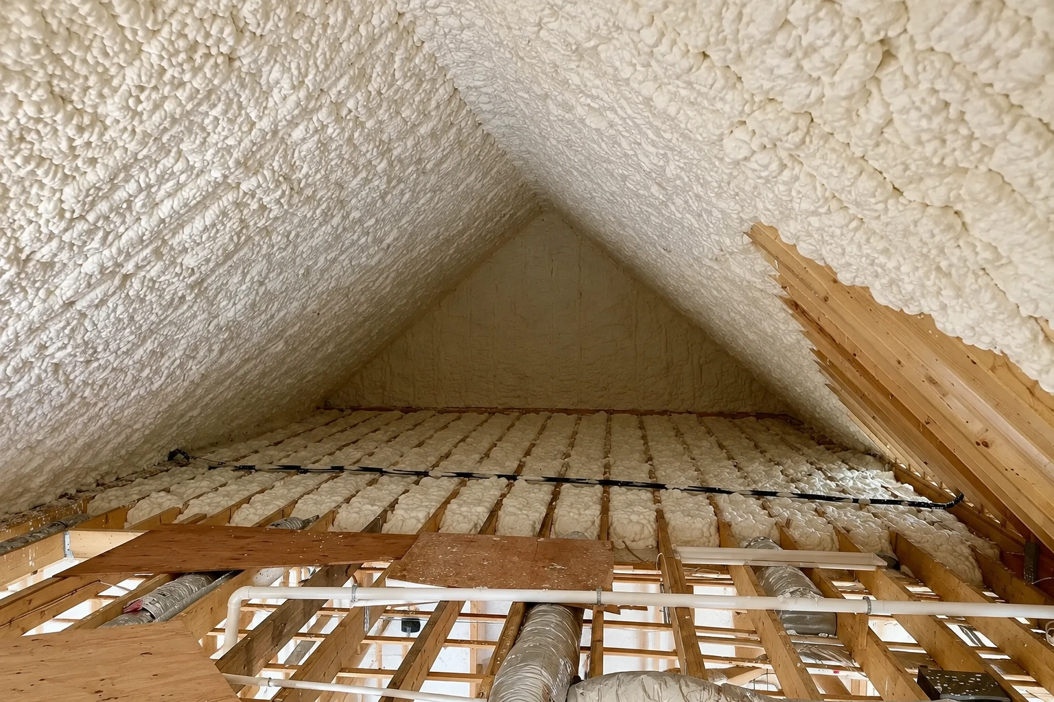 Closed-cell spray foam coats the steep roof and end wall of an attic above exposed floor joists and ducts.
