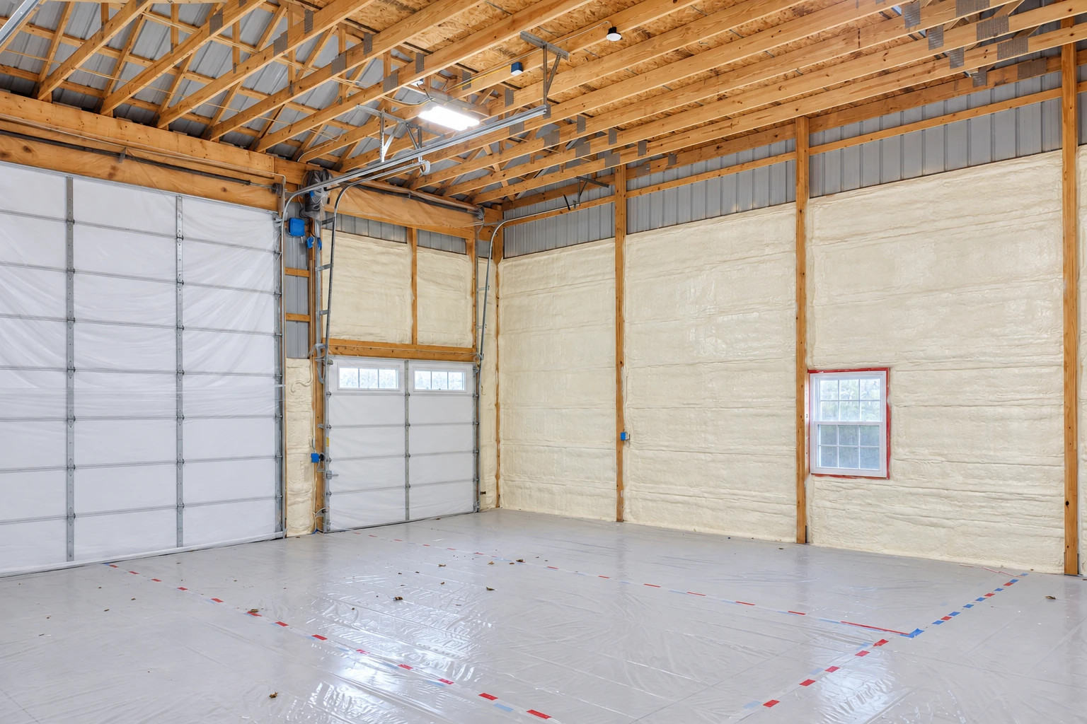 Commercial insulation lines the walls of a large metal building, with exposed wooden roof trusses and garage doors.