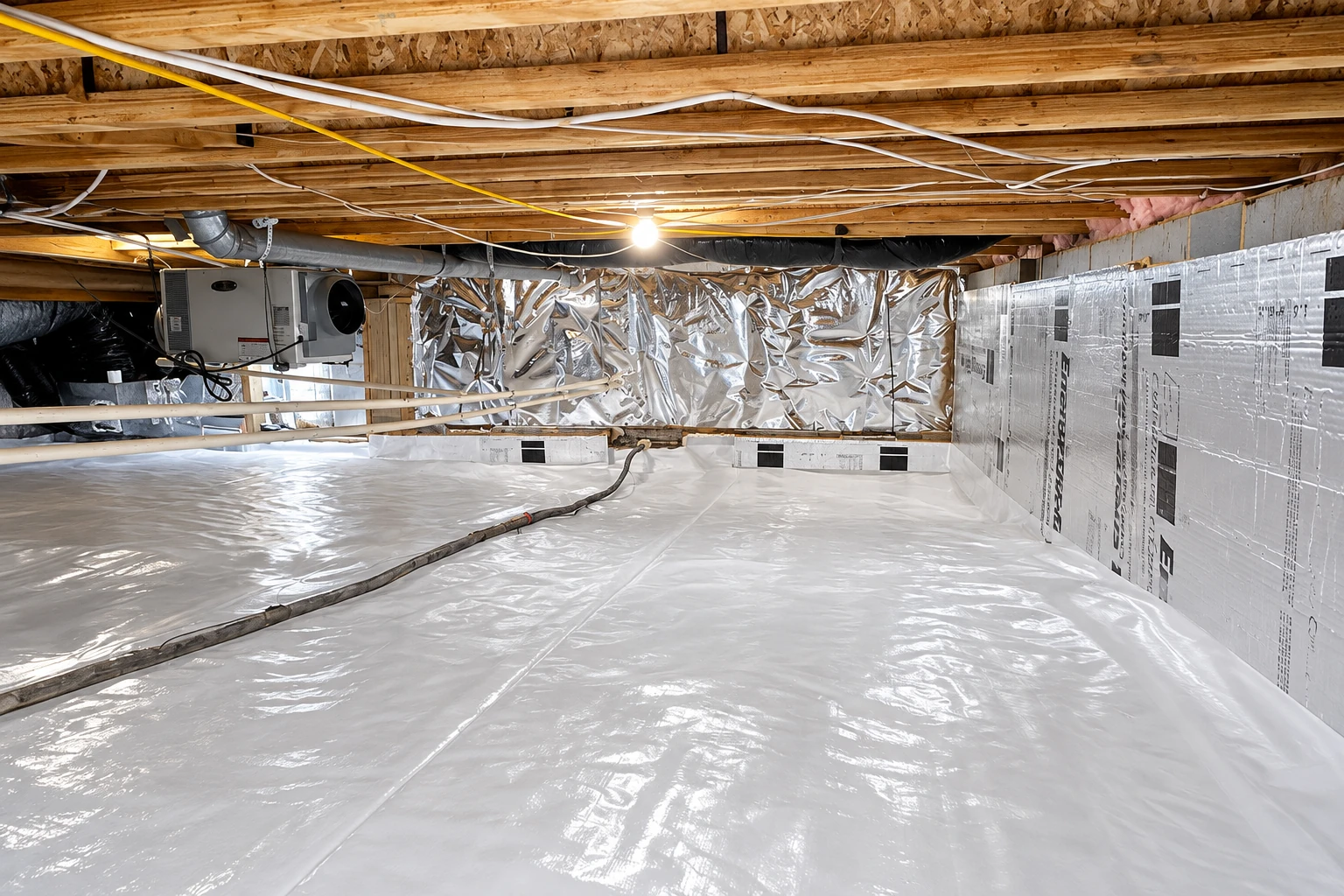A crawl space has a white floor vapor barrier and reflective insulation panels along its walls.