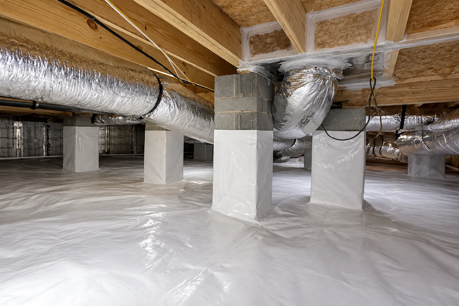 Crawl space vapor barrier covers the floor and support piers beneath a low wooden floor, alongside silver HVAC ducts.