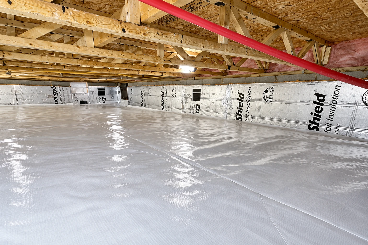 A crawl space has a shiny white vapor barrier covering the floor and insulation panels lining the walls.