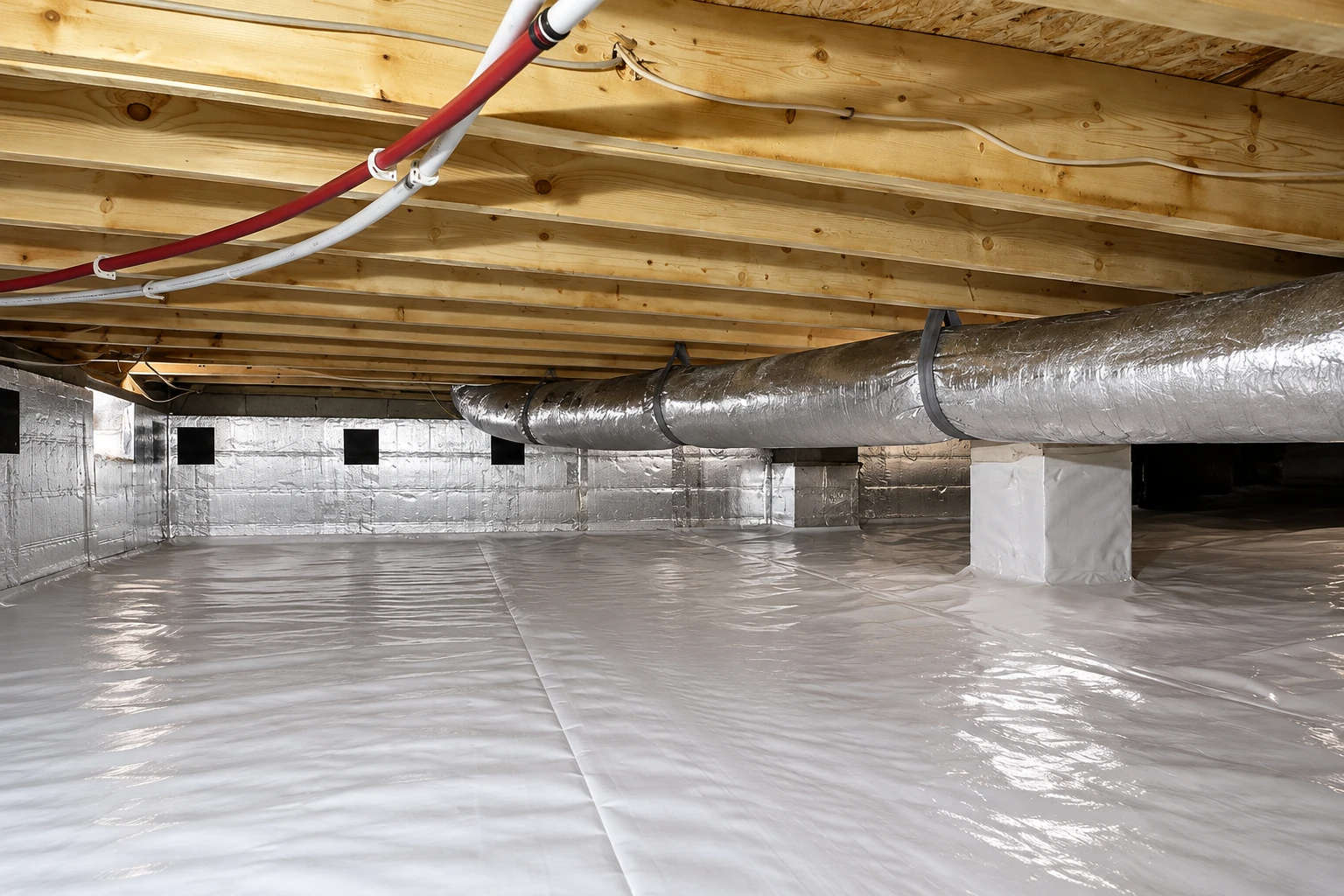 Crawl space with a plastic vapor barrier across the floor, reflective wall covering, and a large metal duct beneath floor joists.