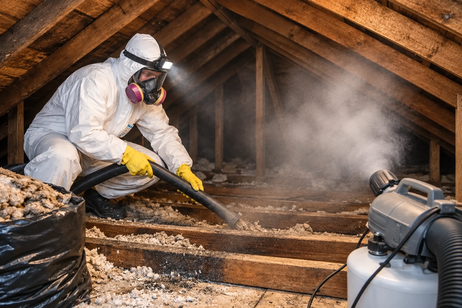 A worker in protective clothing uses a hose to remove loose attic insulation beside a collection machine.