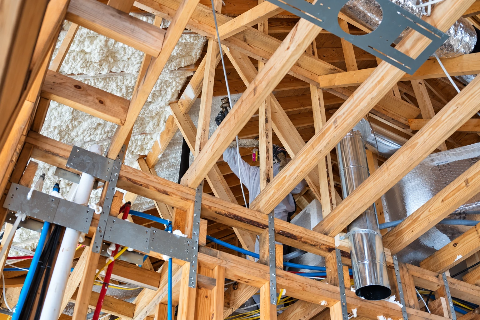 Open-cell spray foam fills sections of a wooden roof frame, with a worker and metal ductwork visible among the trusses.
