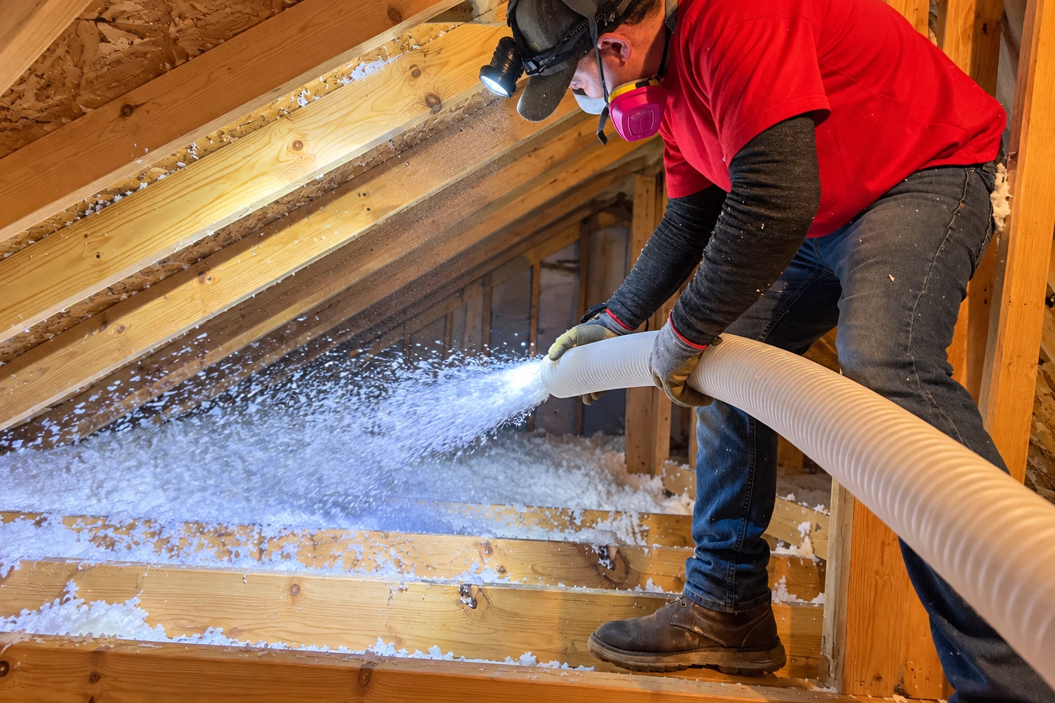 A worker in a red shirt and respirator directs a hose to blow loose-fill insulation across an attic floor.
