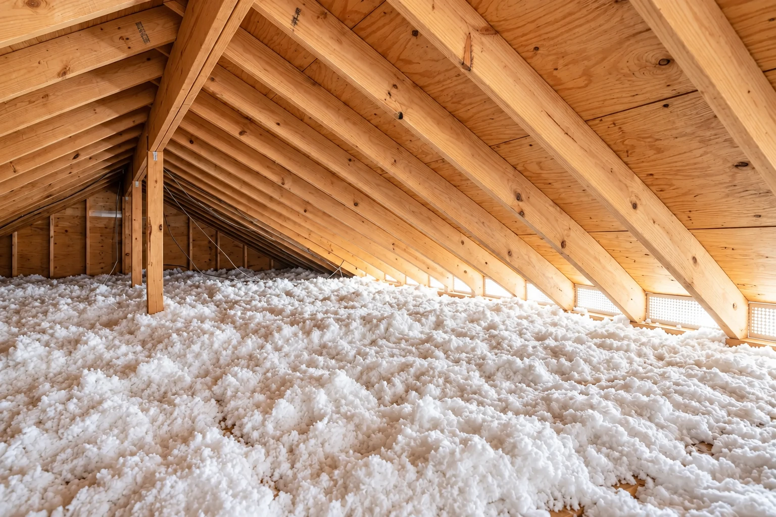 A wooden attic is filled with thick white blown-in insulation beneath exposed roof rafters.