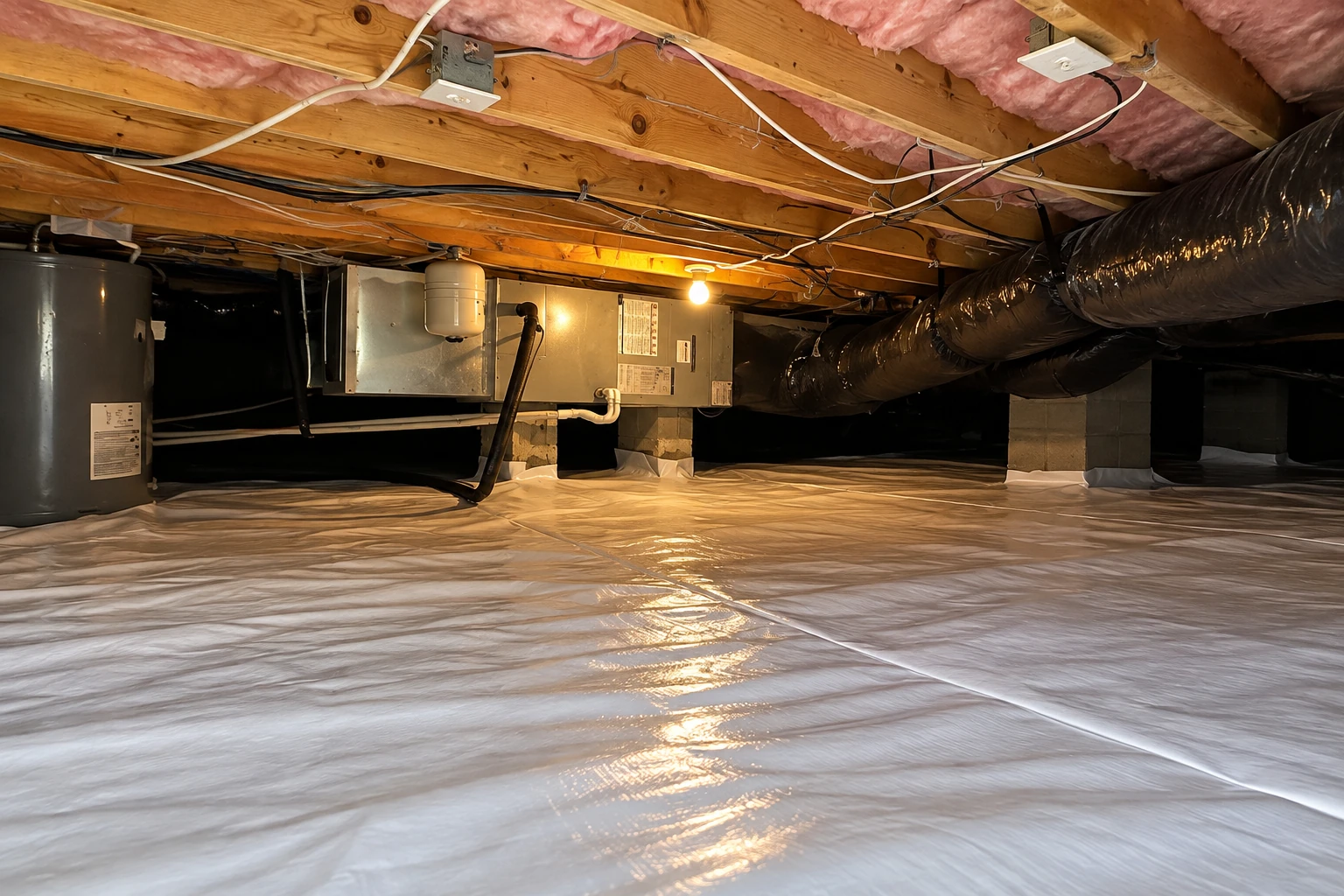 Vapor barrier sheeting covers a crawl space floor beneath exposed joists, insulation, ductwork and HVAC equipment.