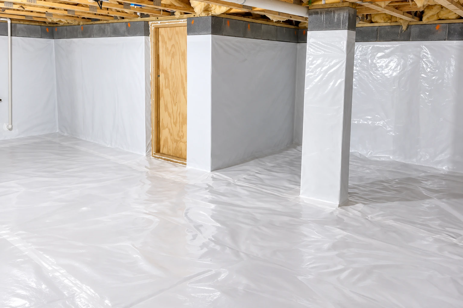 White vapor barrier sheeting covers the walls, floor, and support column of an unfinished basement.