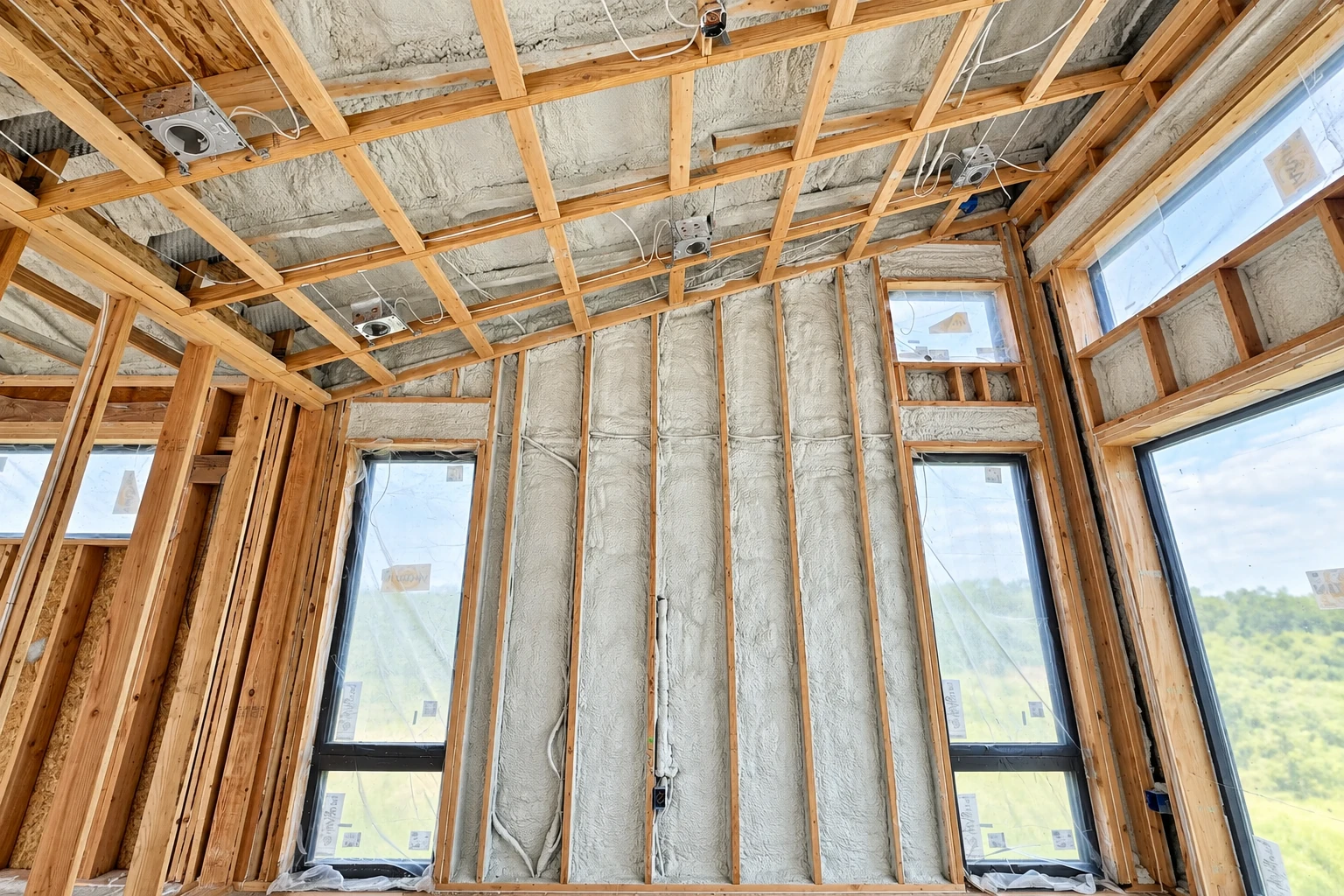 Wall and ceiling framing filled with pale spray foam insulation in an unfinished room with several windows.