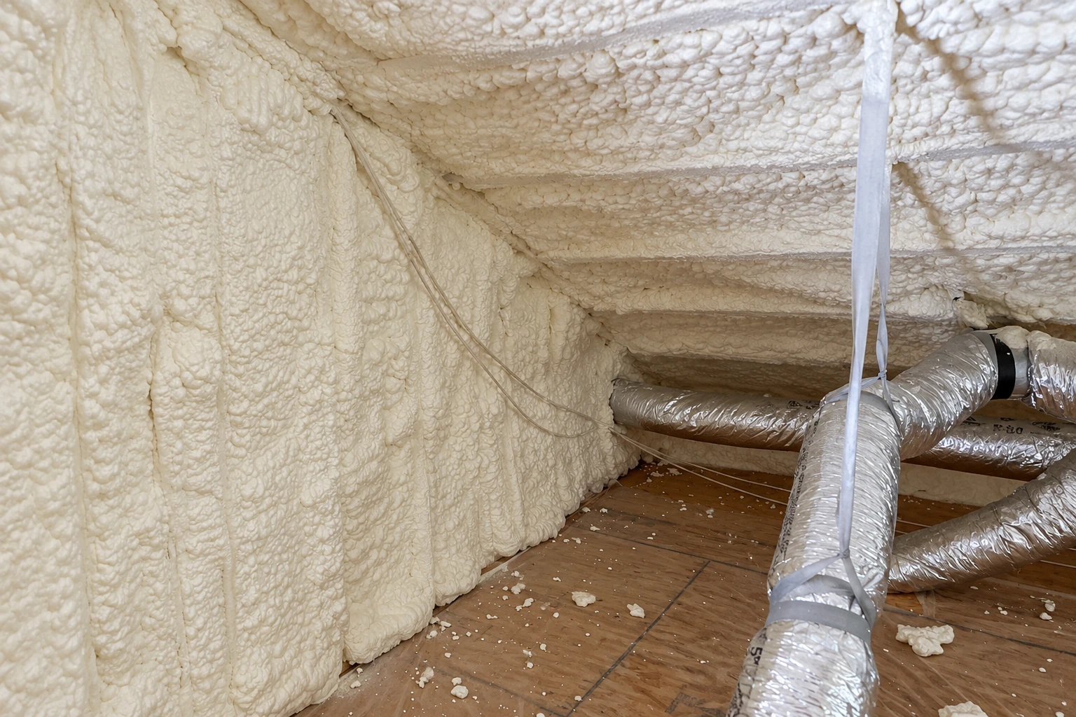 Spray foam insulation fills the walls and ceiling of an attic beside exposed flooring and flexible air ducts.